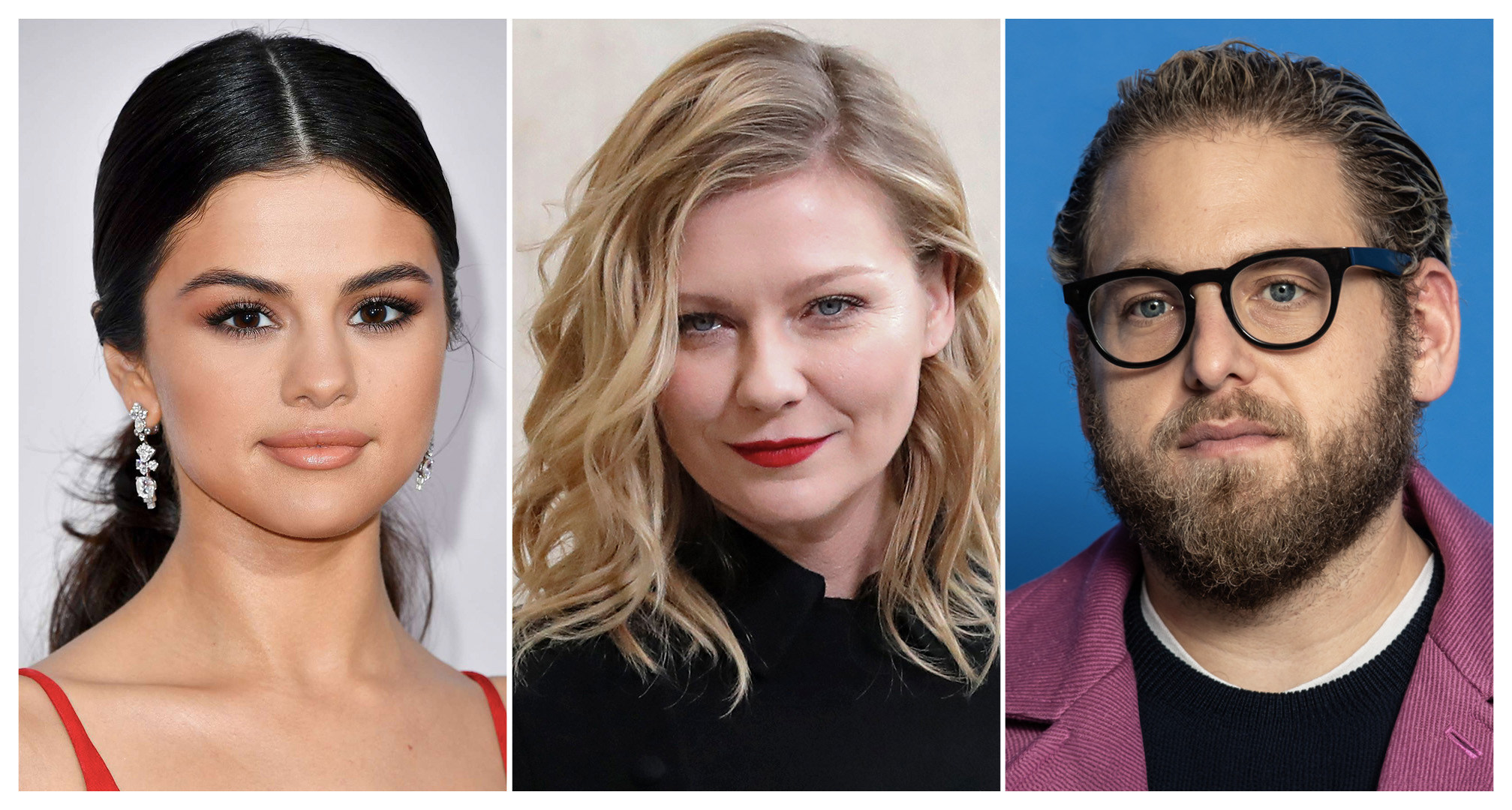 Selena Gomez, Kirsten Dunst és Jonah Hill kollázsa